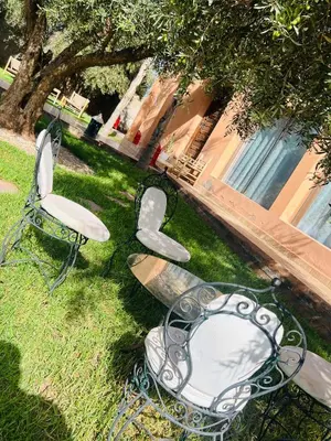 a bench and a chair sitting in the grass at Excellente Villa A Proximité De Marrakech in El Aïn