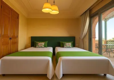 two beds sitting next to each other in a room at L'Oasis Chic Palmeraie Marrakech Piscine & Petit Déj Offert in Marrakech
