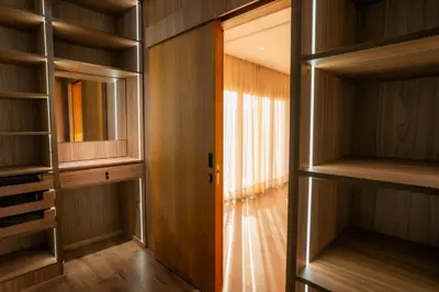 a walk in closet with wooden shelves and a door at Villa Akenza - Cinema - Swiming pool in Marrakech