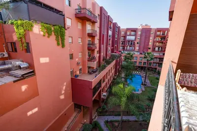 an aerial view of an apartment complex with a courtyard at Studio cosy avec piscine et balcon Résidence Mirador Majorelle in Marrakech
