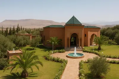 a building with a fountain in the middle of a garden at Villa de Charme avec Piscine, Hammam & Jardin Enchanté in Marrakech