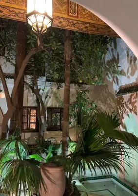 a lobby with trees and plants in a building at RIAD VERT de Nina in Marrakech