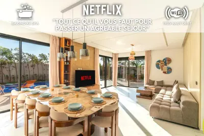 a rendering of a living room with a table and chairs at Villa Wimiliim - Piscine et jardin Privée Sans vis-à-vis Wifi HD in Segraga