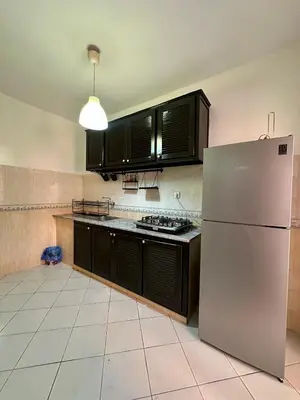 a kitchen with a refrigerator and black cabinets at Appartement a louer in Marrakech
