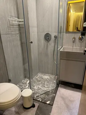 a bathroom with a shower and a toilet and a sink at Appartement cozy et central, Marrakech in Marrakech