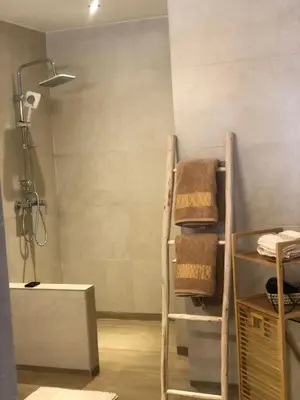 a bathroom with a shower and a ladder with towels at Du coté de chez Ikram in Marrakech