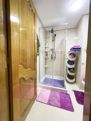 a bathroom with a shower and purple rug at Appartement privé au cœur de Marrakech in Marrakech