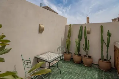 a patio with a table and chairs and cactus at Riad Tassili Vert in Marrakech