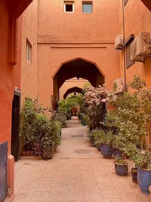 an archway with potted plants on a brick sidewalk at Riad Serenity Palmeraie in Marrakech