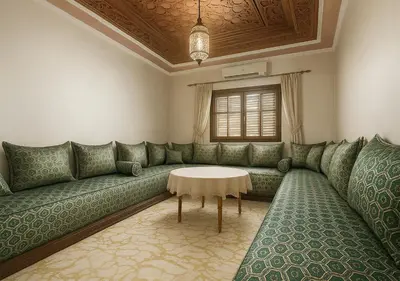 a living room with a green couch and a table at Séjour confortables et proche de tous in Marrakech