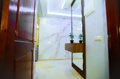 a hallway with a painting on a wall with two plants at New apartment rental in Marrakech