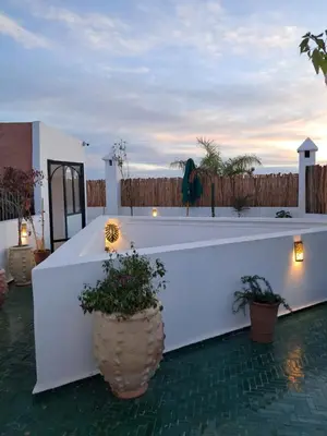 a white bath tub with two potted plants on a patio at Riad Paillettes in Marrakech
