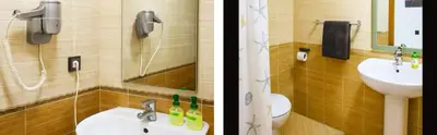 two pictures of a bathroom with a sink and a toilet at Appartement moderne Guéliz, Centre Marrakech in Marrakech