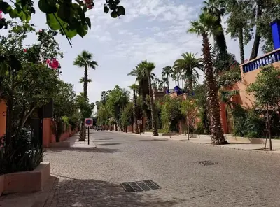 an empty street with palm trees and a street sign at Green in majorelle in Marrakech