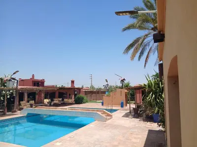 a swimming pool next to a building with a palm tree at La casa de alma in Aït Hamid
