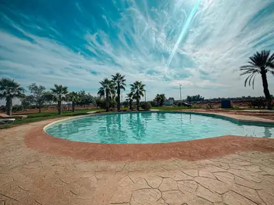 a large swimming pool with palm trees in a park at Palmeraie, Appart chic Suite & Accès à 3 Piscines in Dar Caïd Layadi