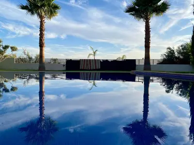 two palm trees are reflected in a swimming pool at Villa Zaara in Sehib Foukani