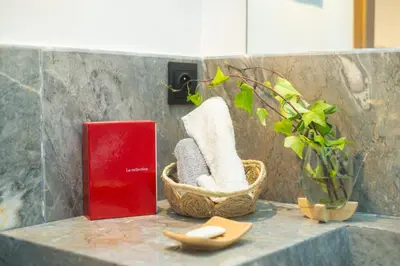 a counter with towels and a book and a plant at Villa joud in Marrakech
