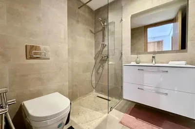 a bathroom with a shower and a toilet and a sink at Domaine de Noria with terrace and Pools in Marrakech