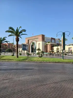 an empty street in front of a building with a palm tree at Evasion à Marrakech very centrally located in Marrakech