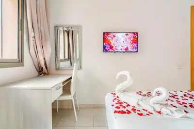 two swans are sitting on a bed in a bedroom at Charming Studio Center, Quiet, Well Placed in Marrakech