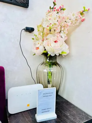 a vase filled with pink flowers on a table at Cycas Family aparts 1 ch salon parking in Marrakech