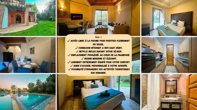 a collage of photos of a house with a pool at le pavillon de la palmeraie - Piscine et jardins in Marrakech