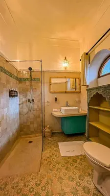 a bathroom with a shower and a sink and a toilet at Private - Riad Désiré Marrakech in Marrakech