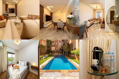 a collage of photos of a living room and a pool at Appartement 2 Chambres Proche Médina Centre Marrakech in Marrakech