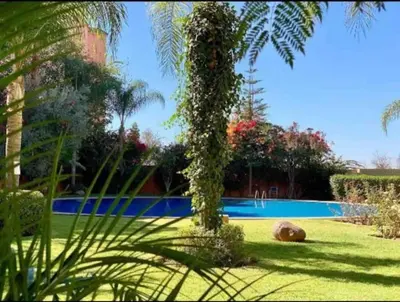 a swimming pool in a yard with a palm tree at Appartement Haut Standing Hivernage, Piscine, Centre Marrakech in Marrakech