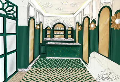 a drawing of a dining room with a bar at Palais Talilit in Marrakech