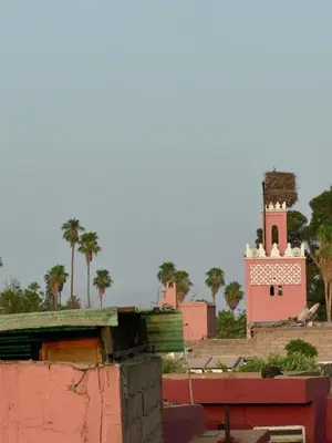 a pink building with a tower and palm trees at Riad Costa 2 privates pools rooftop breakfast in Marrakech
