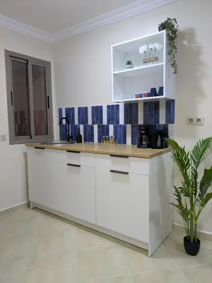 a kitchen with white cabinets and a potted plant at Majorelle blue SPA retreat in Marrakech