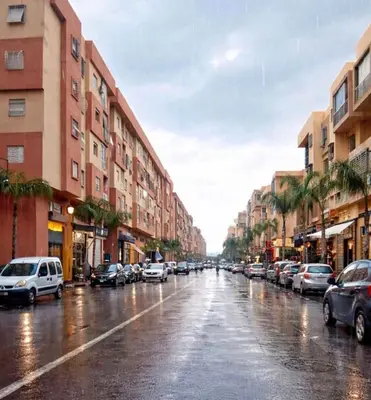 a city street with cars parked in the rain at Atlas view in Marrakech