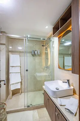 a bathroom with a sink and a shower at Luxury Pool View Marrakech in Marrakech