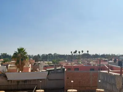 a view of a city with palm trees and buildings at Riad des bibouches pool breakfast private in Marrakech