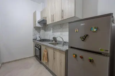 a kitchen with a stainless steel refrigerator and a sink at Family apartment Jardins Chrifia in Marrakech