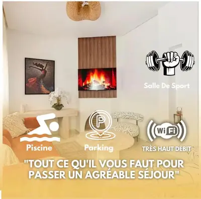 a poster of a living room with a fireplace at Premium Holliday Marrakesh in Marrakech