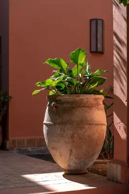 a large stone pot with a plant in it at Villa DarJ in Marrakech