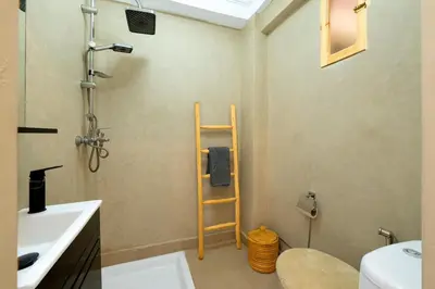 a bathroom with a shower and a toilet and a sink at Modern studio with terrace in Marrakech