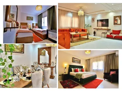 a collage of four pictures of a living room at Dar Kech Luxury et comfort in Marrakech