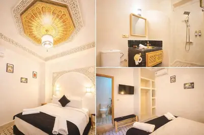 two pictures of a hotel room with a bed and a bathroom at Riad el fassi & spa charme authentique piscine chauffée in Marrakech