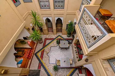 an overhead view of a building with a tile floor at Riad Matins De Marrakech in Marrakech