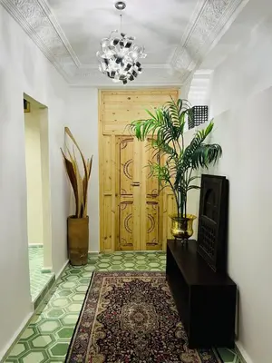 a hallway with a door with a rug and a plant at Riad Dar L artiste in Marrakech