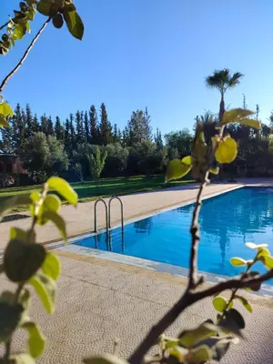 a swimming pool with blue water and trees in the background at Berber House Authentic Moroccan Farm Stay in El Rhechat