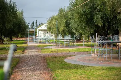 a park with tables and chairs in the grass at Ferme dhôte Sidi Safou Cabane en bois Marrakech in Marrakech