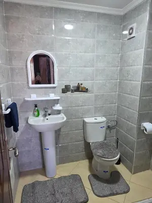 a bathroom with a sink and a toilet and a mirror at Appartement Lady Plaza 3 in Marrakech