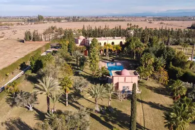 an aerial view of a house with a pool and palm trees at Royal Moroccan House in Marrakech