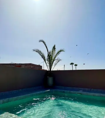 a swimming pool with a palm tree next to a wall at Riad Dar Khadra Heritage - Piscine chauffée et Rooftop au cœur de la médina in Marrakech