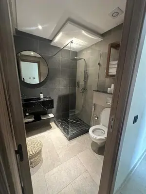 a bathroom with a shower and a toilet and a mirror at Cozy & Modern Gueliz Apartment in Marrakech